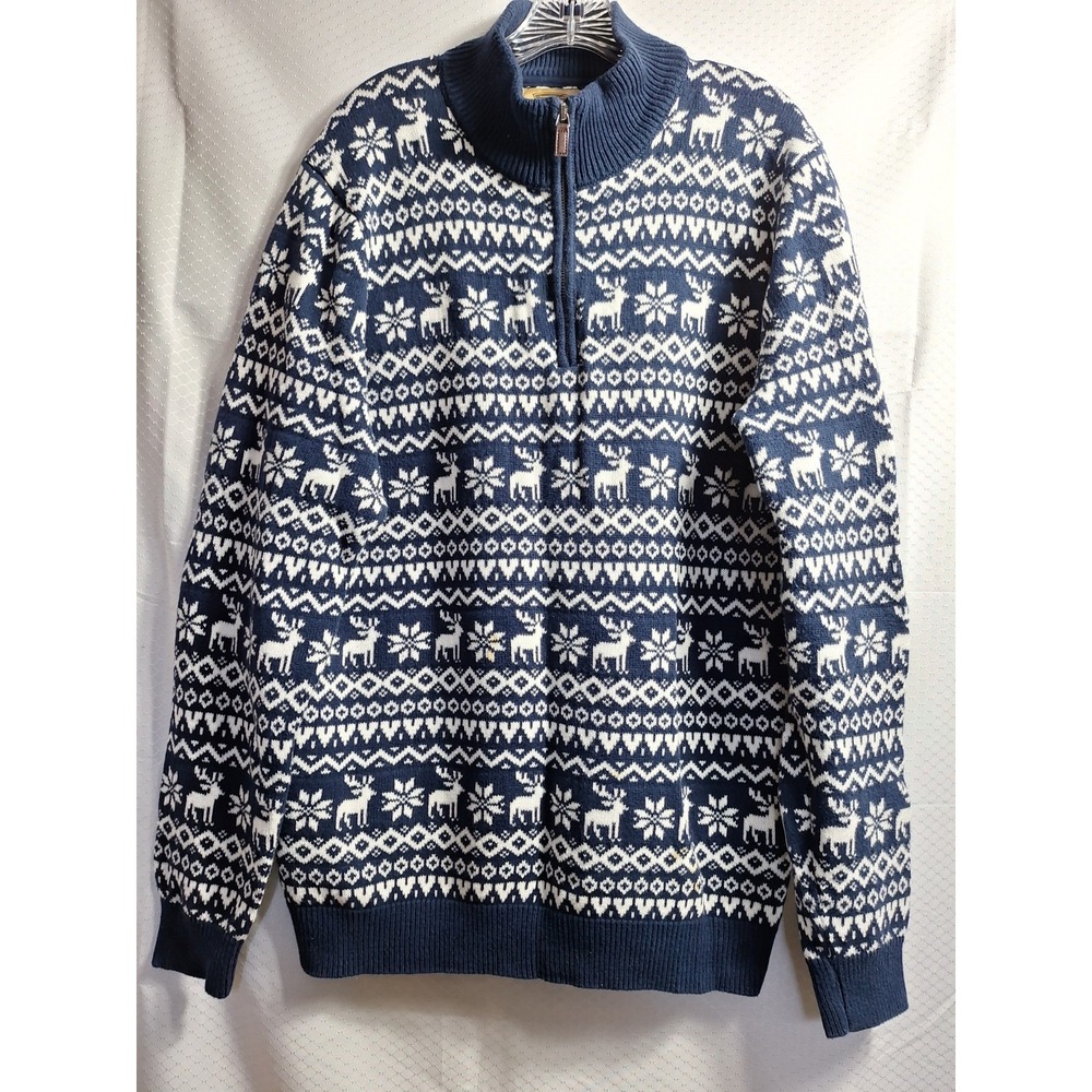 FOUNDRY 1/4 Zip Holiday Fair Isle AOP Sweater Sz XLT Blue White Deer Snowflake